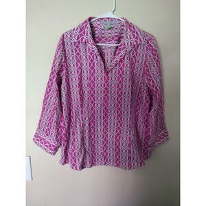 Foxcroft‎ Wrinkle Free Fitted Blouse Geometric Print Collared Top Size 16